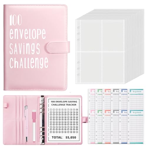 Cash Binder Spar-Herausforderung, 100 Briefumschläge Challenge Binder, Geldsparbinder Budget Planner mit Budgetblättern und Stift, A5 Umschlag-Challenge-Ordner für Büros Zuhause Schule von TOPCZY