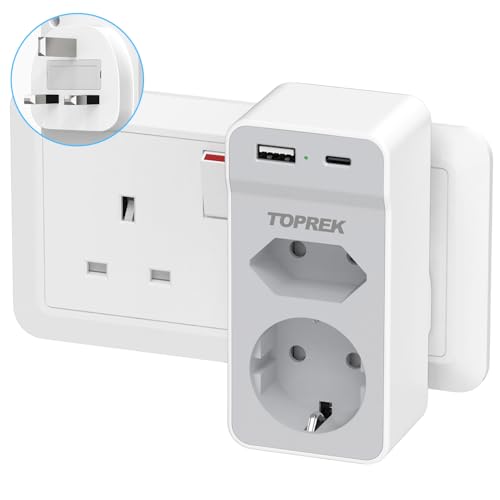 Adapter England Deutschland Stecker, TOPREK Reiseadapter UK mit USB(5V/2.4A), UK Adapter auf EU Adapter UK Euro Stecker, Steckdosenadapter Reisestecker Typ G für Ireland UK,Dubai,Maldives,Malaysia von TOPREK