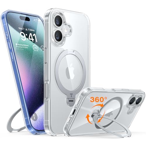 TORRAS 360° Ostand Spin für iPhone 16 Plus Hülle für Magsafe (Magnetischer Robust Standring) Zertifizierte Militärschutz Diamant-Klar Anti-Vergilbung Hülle für iPhone 16 Plus Case Transparent von TORRAS