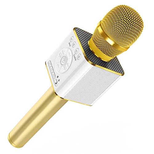 TOSING 04 Karaoke Mikrofon für Erwachsene Kinder, Lauteres Volumen 10W Energie, mehr Baß, 3-in-1 beweglicher Handdoppeltsprecher-Mic-Maschine für TV/Android/Car/PC (Gold Neu) von TOSING