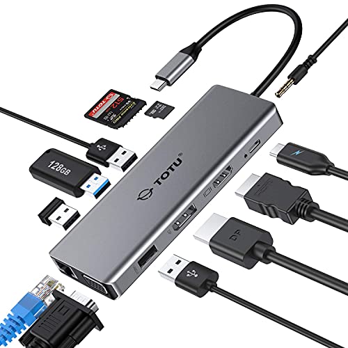 USB C Hub, TOTU Upgraded 13 in 1 Typ C Hub auf 4K HDMI & DP, VGA, 2 USB 3.0, 2 USB 2.0, 95W PD, Triple Display Docking Station für MacBook Pro und Windows USB C Systeme, MacOS nur unterstützt Spiegel von TOTU