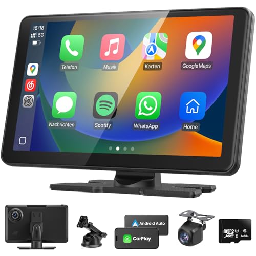 TOUTBIEN CarPlay & Android Auto Display, 9 Zoll Tragbares Autoradio mit 4K Dashcam Loop-Aufnahme 1080P Rückfahrkamera, MirrorLink, GPS Navigation, Sprachassistent, Freisprecheinrichtung, 64GB Karte von TOUTBIEN