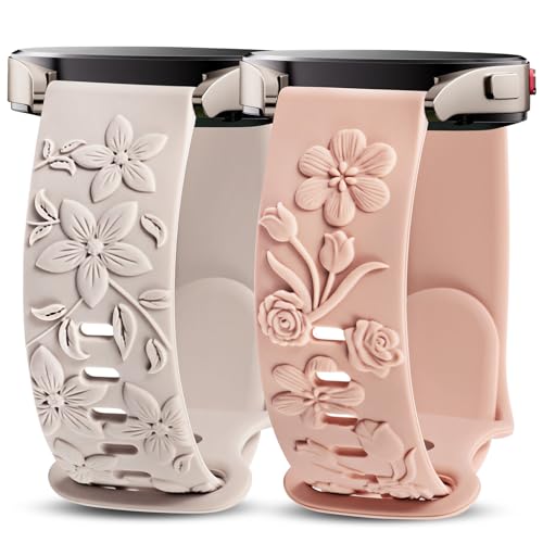 TOYOUTHS 2 Stück Floral Gravierte Armband Kompatibel mit Samsung Galaxy Watch 7/6/5/4/Active 2 40mm 44mm, Frauen 20mm Silikon Blume Prägung Armbänder für Watch 6 Classic/Watch 5 Pro, Polarstern/Pink von TOYOUTHS