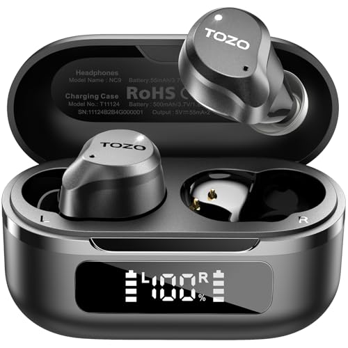 TOZO NC9 Kopfhörer Kabellos Bluetooth 5.3 Bluetooth Kopfhörer,In Ear Kopfhörer, Hybrid Active Noise Cancelling Kopfhörer mit 6 Mic,klare Anrufe,LED-Anzeige,59H Stereo Bass,App,IPX8 Wasserdicht,Schwarz von TOZO