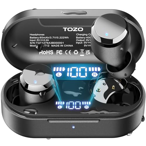 TOZO T12 Wireless Earbuds Bluetooth 5.3 Kopfhörer Built-in ENC Noise Cancelling Mic, 55 Stunden Spielzeit App Customize EQ IPX8 Waterproof LED Digital Display Premium Sound Headset Schwarz von TOZO