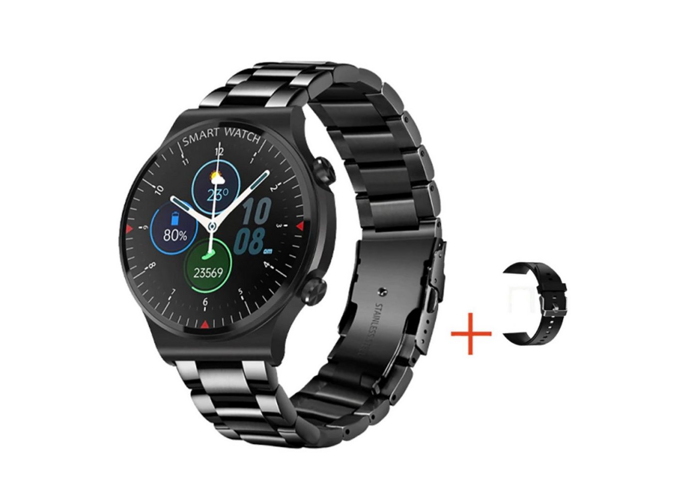 TPFNet SW20 mit Edelstahl Armband + Silikon Armband - individuelles Display Smartwatch (Android), Armbanduhr mit Musiksteuerung, Herzfrequenz, Schrittzähler, Kalorien, Social Media etc. - Schwarz von TPFNet