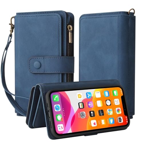 TQmchun Handyhülle für Google Pixel 6,Flip Case Lederhülle Reißverschluss Magnetverschluss Brieftasche mit 15 Kartenfächern Standfuntion Retro Ledertasche-Blau von TQmchun