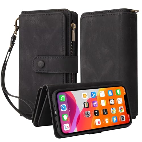 TQmchun Handyhülle für Oppo Realme 9 Pro Plus,Flip Case Lederhülle Reißverschluss Magnetverschluss Brieftasche mit 15 Kartenfächern Standfuntion Retro Ledertasche-Schwarz von TQmchun