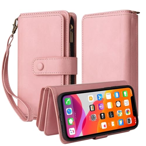 TQmchun Handyhülle für Samsung Galaxy A32 4G,Flip Case Lederhülle Reißverschluss Magnetverschluss Brieftasche mit 15 Kartenfächern Standfuntion Retro Ledertasche-Rosa von TQmchun