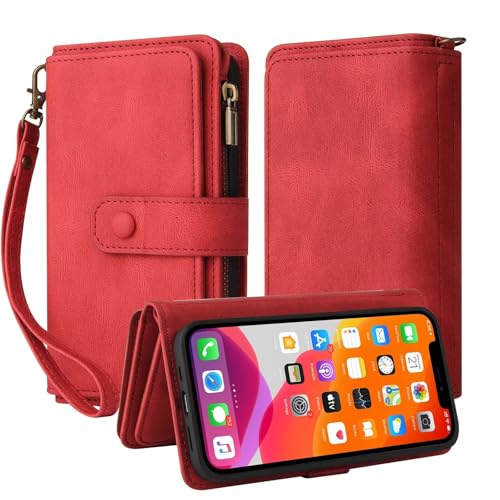 TQmchun Handyhülle für Xiaomi Poco F4 5G/Redmi K40S,Flip Case Lederhülle Reißverschluss Magnetverschluss Brieftasche mit 15 Kartenfächern Standfuntion Retro Ledertasche-Rot von TQmchun