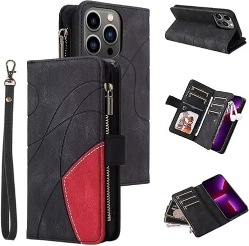 TQmchun Kompatibel mit Hülle Redmi Note 12T Pro/Poco X4 GT 5G, Retro Reißverschluss Handytasche,9 Kartenfäche Leder Geldbörse Stoßfest Flip Case mit Handschlaufe Magnetverschluss Wallet– Schwarz von TQmchun