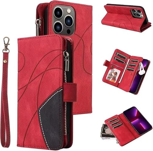 TQmchun Kompatibel mit Hülle iPhone SE 2024, Retro Reißverschluss Handytasche,9 Kartenfäche Leder Geldbörse Stoßfest Flip Case mit Handschlaufe Magnetverschluss Wallet– Rot von TQmchun