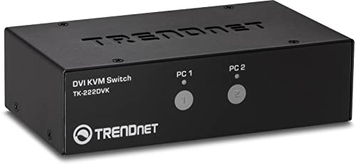 TRENDnet TK-222DVK 2-Port DVI KVM Switch mit Audio (Verwaltung von zwei PCs, Hot-Keys, USB 2.0, Metallgehäuse, Verwendung mit einem DVID-D Monitor), schwarz von TRENDnet
