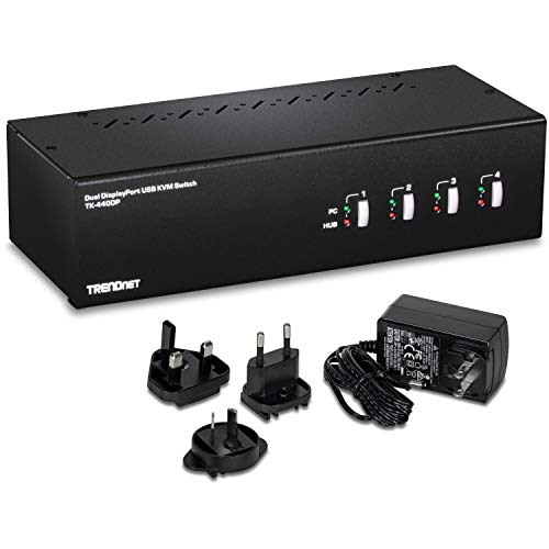 TRENDnet TK-440DP 4-Port Dual Display DisplayPort KVM-Switch mit Audio, 2-Port USB 2.0 Hub, 4K UHD Auflösung bis zu 3840 x 2160, 4 DisplayPort Monitore anschließen, Schwarz von TRENDnet