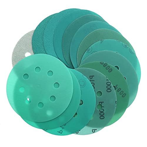 TRENTSNOOK 50 Blätter mit 5-Zoll-125mm 8-Loch-Schleifpapier 60 bis 2000 Grobkornhaken und Loops Green Pet Film Schleifscheiben Alumina Schleifmittel(180) von TRENTSNOOK