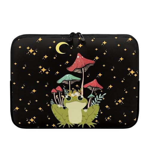 TSOVTHRID Laptop-Tasche mit Cartoon-Frosch-Pilz- und Mondstern-Motiv, bedruckt, mit Reißverschluss, Laptop-Tragetaschen und -hüllen von TSOVTHRID