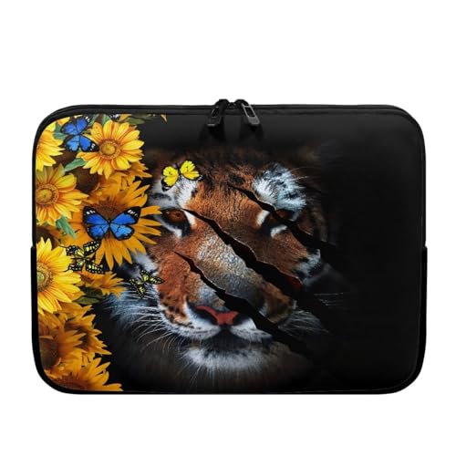 TSOVTHRID Tiger Schmetterling Sonnenblume Muster Computer Sleeve Tasche Handtasche Tablet Hülle Kompatibel mit 10-17 Zoll Tablet/Laptop/Notebook, Schwarz von TSOVTHRID