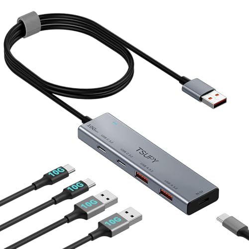 TSUPY USB Hub 3.2 Gen 2, 10Gbps USB Splitter mit 2*USB-C 3.2 und 2*USB-A 3.2 Ports, USB 3.2 Verteiler aus Aluminium mit 120cm Kabel für Laptops, Desktops PC, Xbox und Mac usw. von TSUPY