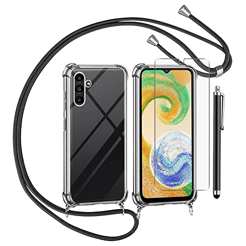 Handykette für Samsung Galaxy A04S Hülle mit Displayschutzfolie Schutzfolie, Necklace Handyhülle mit Abnehmbar Kordel zum Umhängen Transparent Silikon Schutzhülle mit Band in Schwarz von TTSWJBD