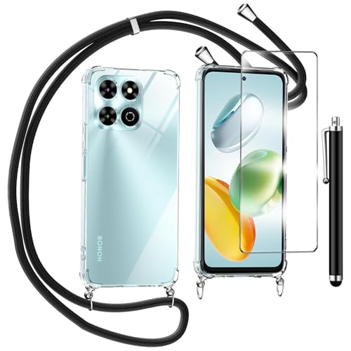 TTSWJBD Handykette für Honor 200 Smart 5G Hülle mit Displayschutzfolie Schutzfolie, Necklace Handyhülle mit Abnehmbar Kordel zum Umhängen Transparent Silikon Schutzhülle mit Band in Schwarz von TTSWJBD