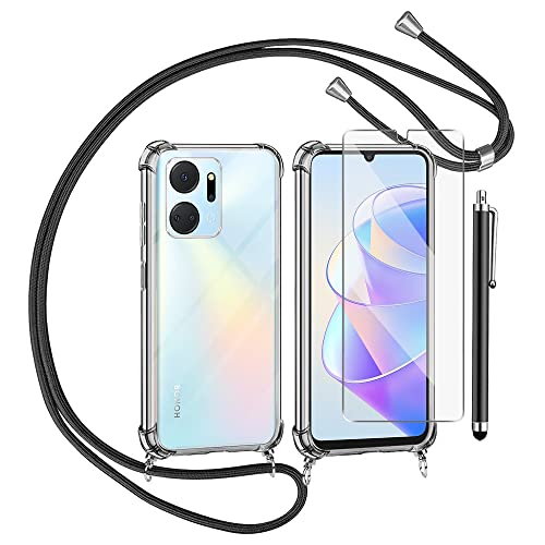 TTSWJBD Handykette für Honor X7A Hülle mit Displayschutzfolie Schutzfolie, Necklace Handyhülle mit Abnehmbar Kordel zum Umhängen Transparent Silikon Schutzhülle mit Band in Schwarz von TTSWJBD