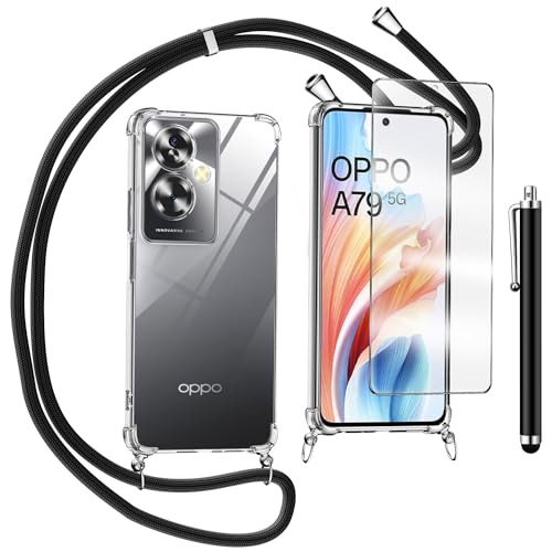 TTSWJBD Handykette für Oppo A79 5G Hülle mit Displayschutzfolie Schutzfolie, Necklace Handyhülle mit Abnehmbar Kordel zum Umhängen Transparent Silikon Schutzhülle mit Band in Schwarz von TTSWJBD