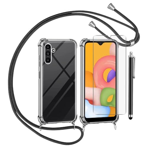 TTSWJBD Handykette für Samsung Galaxy A55 5G Hülle mit Displayschutzfolie Schutzfolie, Necklace Handyhülle mit Abnehmbar Kordel zum Umhängen Transparent Silikon Schutzhülle mit Band in Schwarz von TTSWJBD