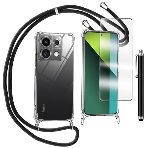 TTSWJBD Handykette für Xiaomi Poco X6 5G/Redmi Note 13 Pro 5G Hülle mit Displayschutzfolie Schutzfolie, Necklace Handyhülle mit Abnehmbar Kordel zum Umhängen Transparent Silikon mit Band in Schwarz von TTSWJBD