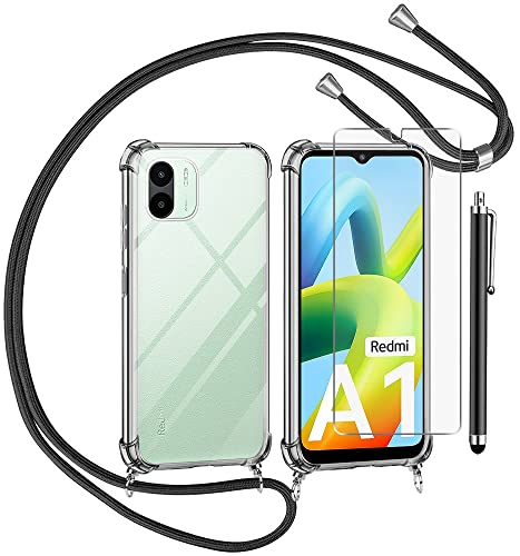 TTSWJBD Handykette für Xiaomi Redmi A1/Redmi A2 Hülle mit Displayschutzfolie Schutzfolie, Necklace Handyhülle mit Abnehmbar Kordel zum Umhängen Transparent Silikon Schutzhülle mit Band in Schwarz von TTSWJBD