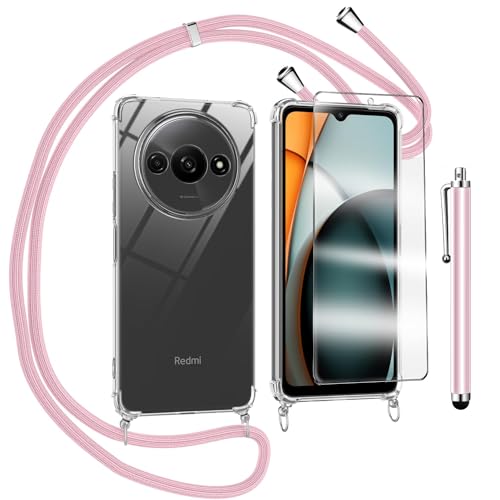 TTSWJBD Handykette für Xiaomi Redmi A3 Hülle mit Displayschutzfolie Schutzfolie, Necklace Handyhülle mit Abnehmbar Kordel zum Umhängen Transparent Silikon Schutzhülle mit Band in rosa von TTSWJBD