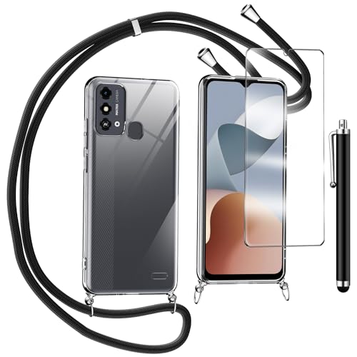 TTSWJBD Handykette für ZTE Blade A53 Pro (6.52") Hülle mit Displayschutzfolie Schutzfolie, Necklace Handyhülle mit Abnehmbar Kordel zum Umhängen Transparent Silikon Schutzhülle mit Band in Schwarz von TTSWJBD