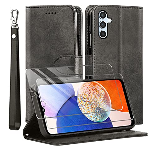 Kompatibel mit Samsung Galaxy A14 5G/Samsung A14 4G Hülle, Leder Flip Stoßfeste Handyhülle, Magnetische Schutzhülle Silikon TPU [Kartenfach] [Standfunktion][2X Displayschutzfolie] Case -Schwarz von TTYSHTT