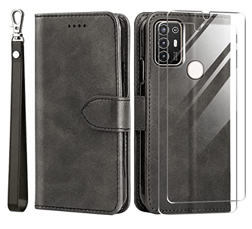 TTYSHTT Kompatibel mit ZTE Blade A52 Hülle, Leder Flip Stoßfeste Handyhülle, Magnetische Schutzhülle Silikon TPU [Kartenfach] [Standfunktion][2X Displayschutzfolie] Case -Schwarz von TTYSHTT