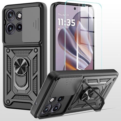 TTYSHTT hülle für Moto G75 5G Handyhülle Kameraschutz Slide Camera mit 1 Stück Panzerfolie, 360 Grad Drehbar Metall Ring Fallschutz Handy Hüllen Outdoor Schutzhülle Cover Schwarz von TTYSHTT