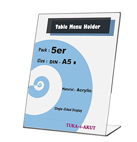 TUKA [5x] Anzeige-Ständer A5 Plakataufsteller im Hochformat, Tischaufsteller L-Ständer, Prospektständer Werbeaufsteller Speisekartenhalter aus 2mm glasklarem Acryl, TKD8200-A5-5x von TUKA-i-AKUT