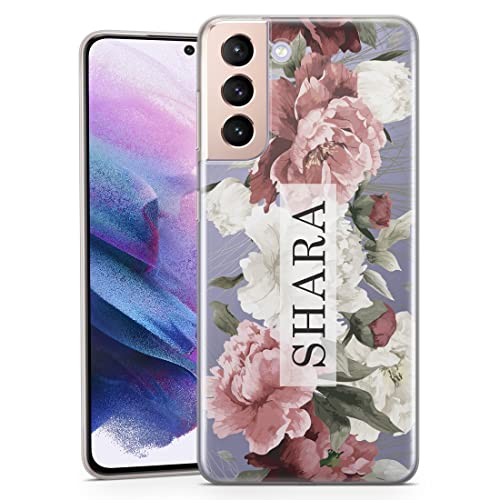 TULLUN Personalisierte Handyhülle für Samsung Galaxy A7 (2018) - Klare Soft Gel Benutzerdefinierte Blumen Pfingstrosen Design Stil Buchstabe Initialen Name Text- Vertikaler Name von TULLUN