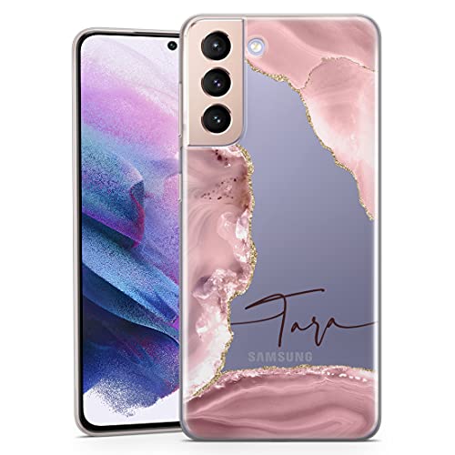 TULLUN Personalisierte Handyhülle für Samsung Galaxy A7 (2018) - Klare Soft Gel Benutzerdefinierte Swash Pink Gold Marmor Design Stil Buchstabe Initialen Name Text - Name mit Zeilen von TULLUN