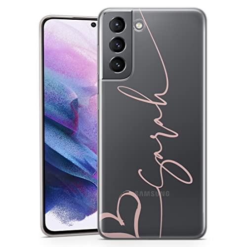 TULLUN Personalisierte Handyhülle für Samsung Galaxy S21 Ultra 5G - Klare Soft Gel Benutzerdefinierte Niedlich Herz Name Design Stil Buchstabe Initialen Text - Roségold Vertikal Name von TULLUN