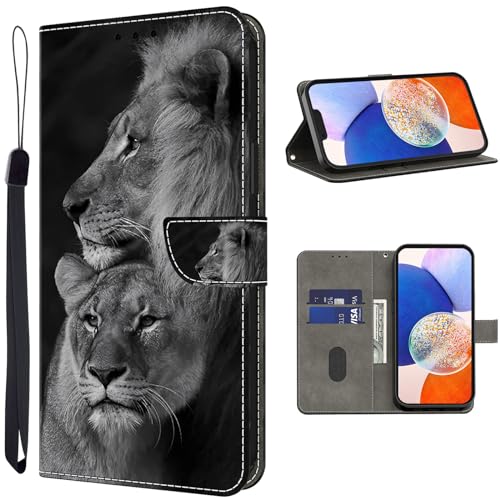 TUOLISG Handyhülle für Samsung Galaxy A14 4G/5G Hülle,PU Leder Flip Wallet Case Schutzhülle mit Kartenfächer und Standfunktion für Samsung Galaxy A14 -Löwe von TUOLISG