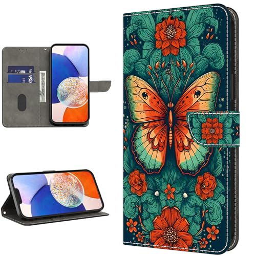 TUOLISG Handyhülle für Samsung Galaxy A14 4G/5G Hülle,PU Lederhülle Klappbar Flip Case Tasche Magnet Kartenfach Standfunktion Schutzhülle für A14 4G/5G -Blumenschmetterling von TUOLISG