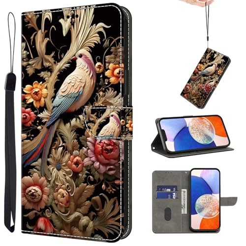 TUOLISG Handyhülle für Samsung Galaxy A14 5G/ A14 4G Hülle,Premium PU Leder Brieftasche [Magnet][Standfunktion][Kartenfächern] Schutzhülle Klapphülle Flip Case für Samsung Galaxy A14 -Vögel von TUOLISG