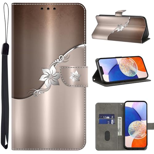 TUOLISG Handyhülle für Samsung Galaxy S24 Ultra Hülle,PU Leder Flip Wallet Case Schutzhülle mit Kartenfächer und Standfunktion für Samsung Galaxy S24 Ultra -Silberne Blume von TUOLISG