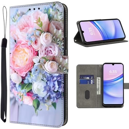 TUOLISG Handyhülle für Samsung Galaxy A16 5G Hülle, PU Leder [Magnetverschluss][Standfunktion][Kartenfächern] Schutzhülle Flip Case Stoßfeste Klapphülle Samsung Galaxy A16-Bunt Blumen von TUOLISG