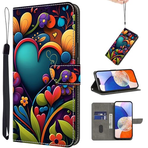 TUOLISG Hülle für Samsung Galaxy A54 5G mit [Magnetverschluss][Flip-Funktion][Kartenfächern] Flip Case Leder Samsung A54 Schutzhülle Stylische Klapphülle -Herz Blume von TUOLISG