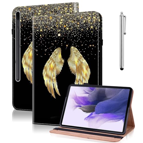 TUOLISG Hülle für Samsung Galaxy Tab S7 FE 12.4 5G,PU Leder Stand Folio Cover Multi-Winkel mit Stylus Stift,Schutzhülle für SM-T730/ T736B -Goldene Flügel von TUOLISG