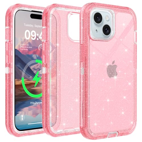 TUTUKII Schutzhülle für iPhone 15, transparent, sturzsicher, strapazierfähig, stoßfest, transparent, Ganzkörper-Schutzhülle für iPhone 15, 15,5 cm (6,1 Zoll), rosa Glitzer von TUTUKII