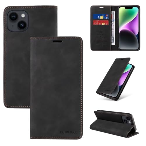 Handyhülle für iPhone 16 Hülle, Schutzhülle Flip Case Premium PU Leder Handytasche Magnetische Klapphülle Klappbar Kartenfach Lederhülle Tasche für iPhone 16, schwarz von TUUNKMUY