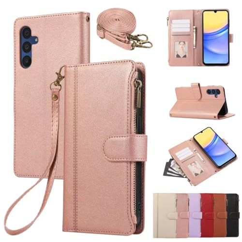 Handykette Hülle Case für iPhone 16 Tasche PU Leder Flip Handyhülle Brieftasche Stand Kartenfach Klapphülle Handytasche Case Schutzhülle für iPhone 16,Roségold von TUUNKMUY