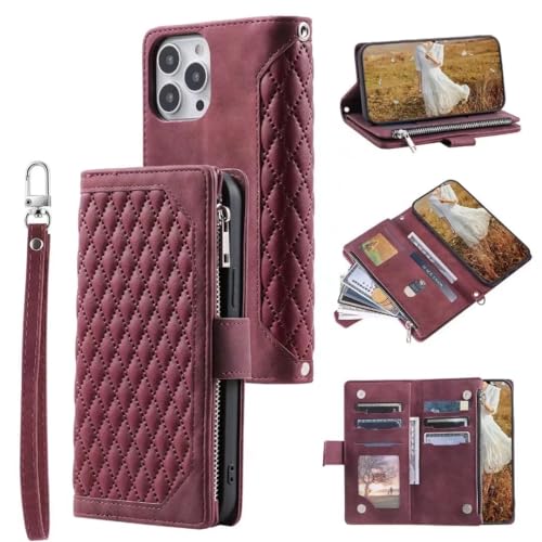 Hülle Case für Realme C65 4G, Reißverschluss Premium Leder für Realme C65 4G Mädchen Handyhülle Handytasche Schutzhülle Etui Tasche mit Kartenfach Ständer Magnetverschluss Weinrot von TUUNKMUY