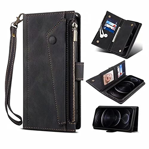 Lederhülle für iPhone 16 Pro Max Hülle, Magnetisch Folio Flip Book Wallet Stoßfest PU Leder Standfunktion Reißverschluss Schutzhülle mit Trageschlaufe, Brieftasche für iPhone 16 Pro Max Schwarz von TUUNKMUY